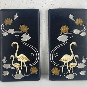 Vintage 60s chalkware, pair of flamingo plaques, black, gold, silver, GC Japan